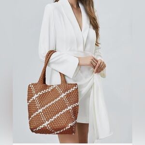 Brown and White Woven Tote Bag